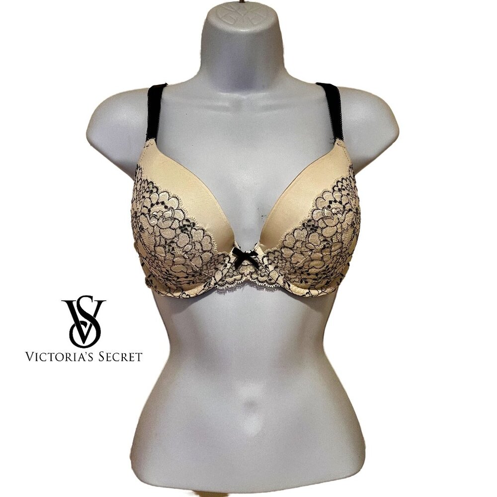 Victoria's Secret Dream Angels Perfect Coverage Bra 32DD Creme w Black Lace, EUC